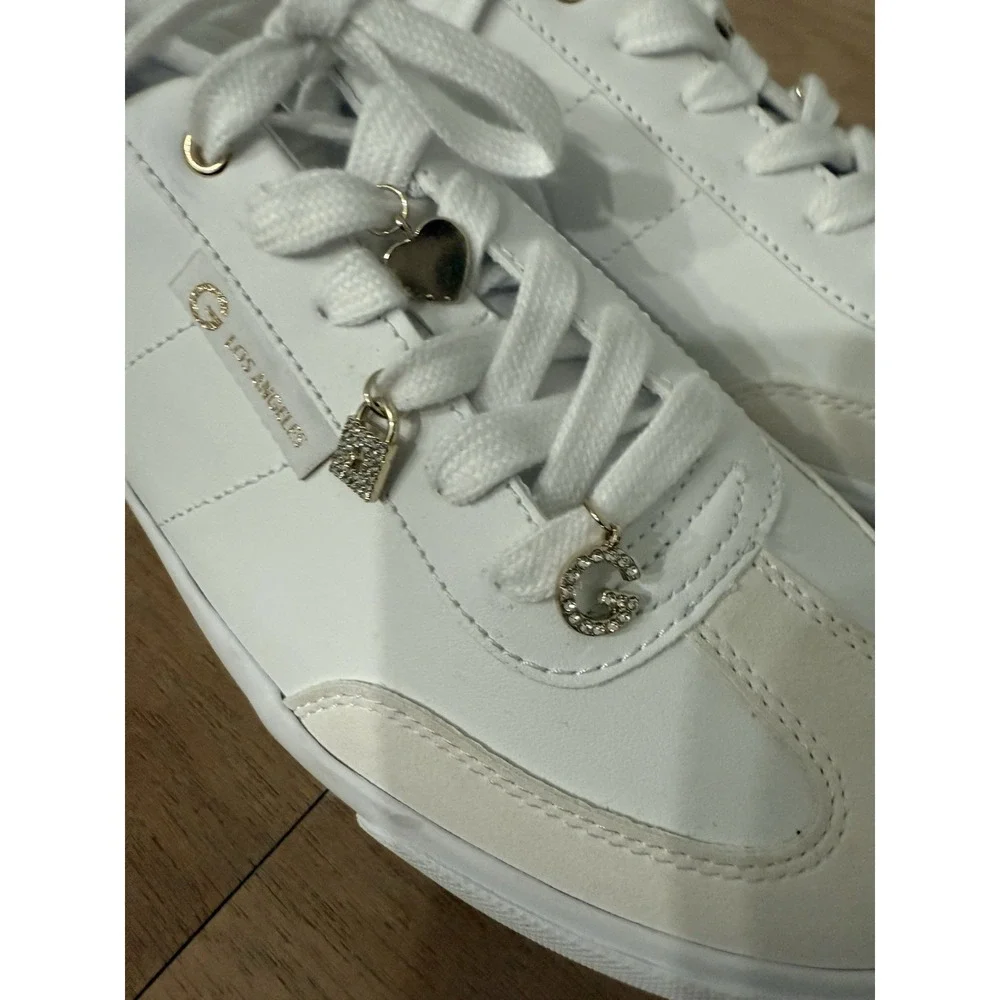 GBG Guess White Low-Top Sneakers w/ Gold Charm Details – Women's Size 11